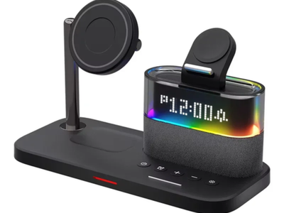 5-in-1 Magnetic Wireless Charging Station w. Alarm Clock Night Light - iPhone, AirPods, Apple Watch